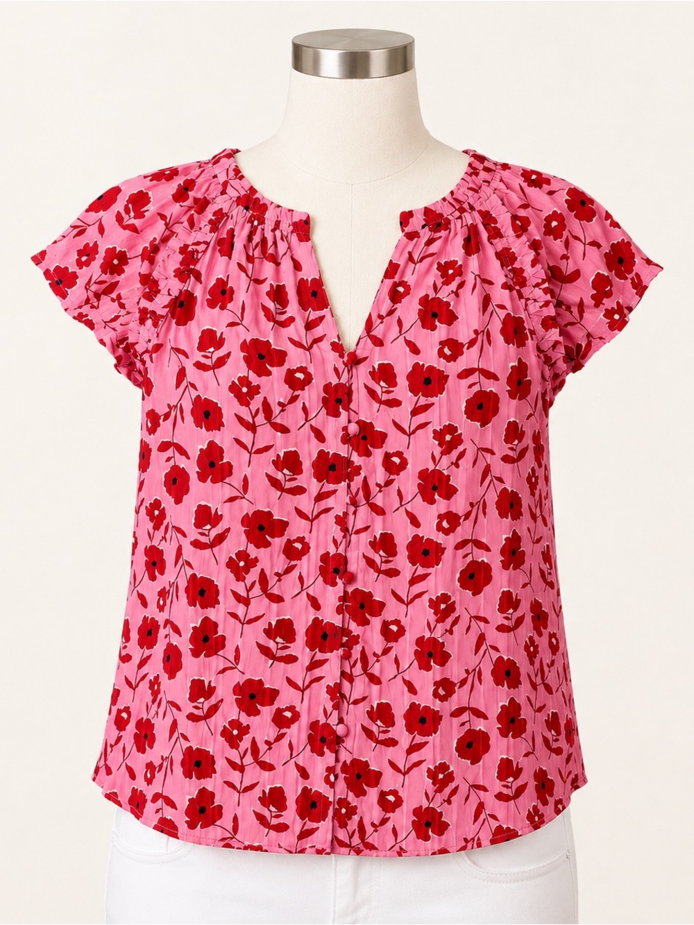 Vineyard Vines Women’s Small Pink Red Floral 100% Cotton Ruffle Blouse Top